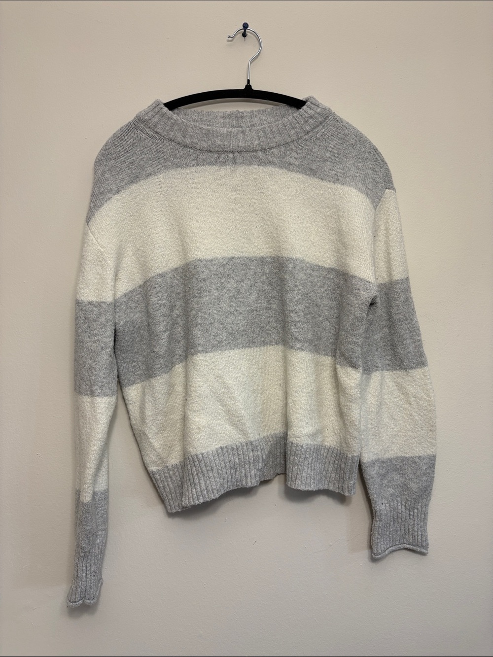 Gray and Cream Striped Crewneck Sweater
